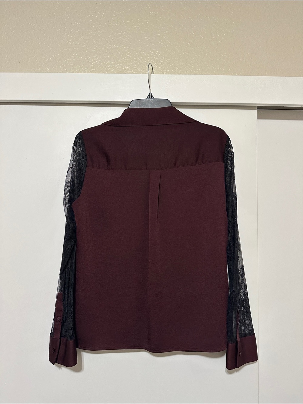 Lush Wine Button-Up Top with Black Lace Sleeves - Picture 2 of 3